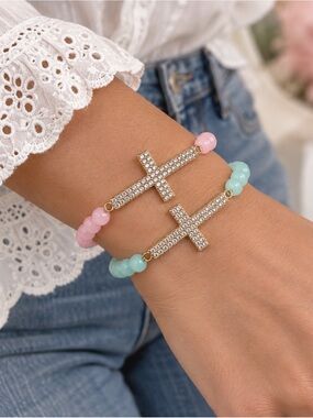 Stretch Bead Crystal Cross Bracelet Set